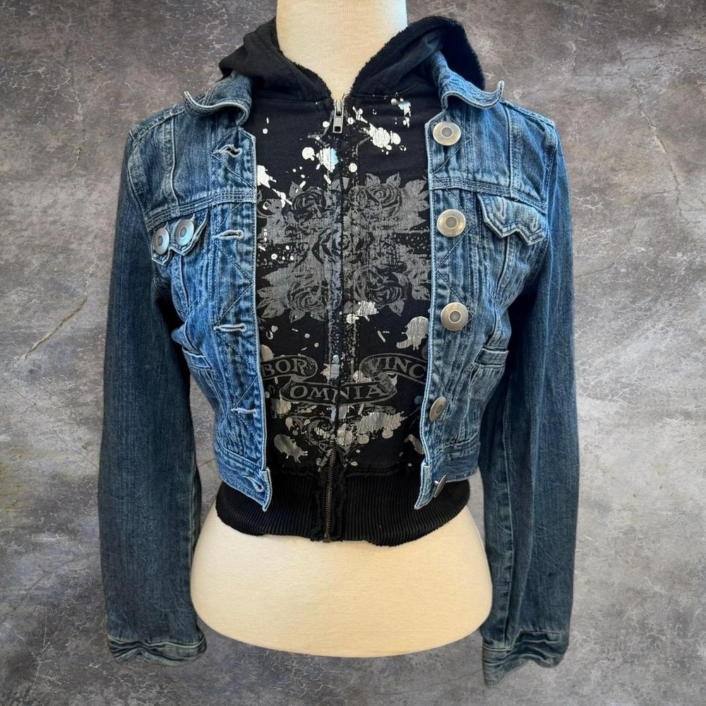 Vintage Refuge Cropped Denim Jacket Zip Up Hoodie Women's Size Large Goth Y2K